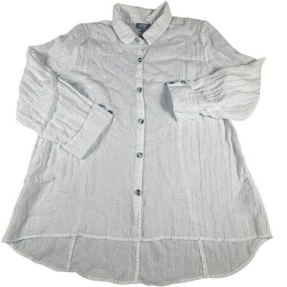 Habitat Button Down Womens XL White Textured Crinkle 3/4 Sleeve High Low Hem